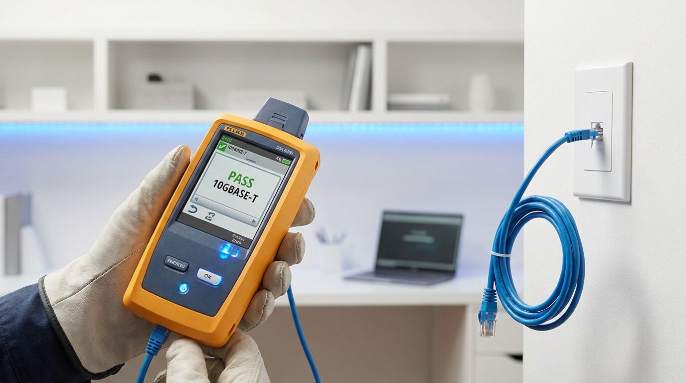 A Local IT Guy technician testing a home network wall port with a cable tester in a Gauteng home
